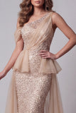 One Shoulder Champagne Sequin Mermiad Pageant Dress with Cape