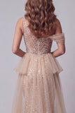 One Shoulder Champagne Sequin Mermiad Pageant Dress with Cape
