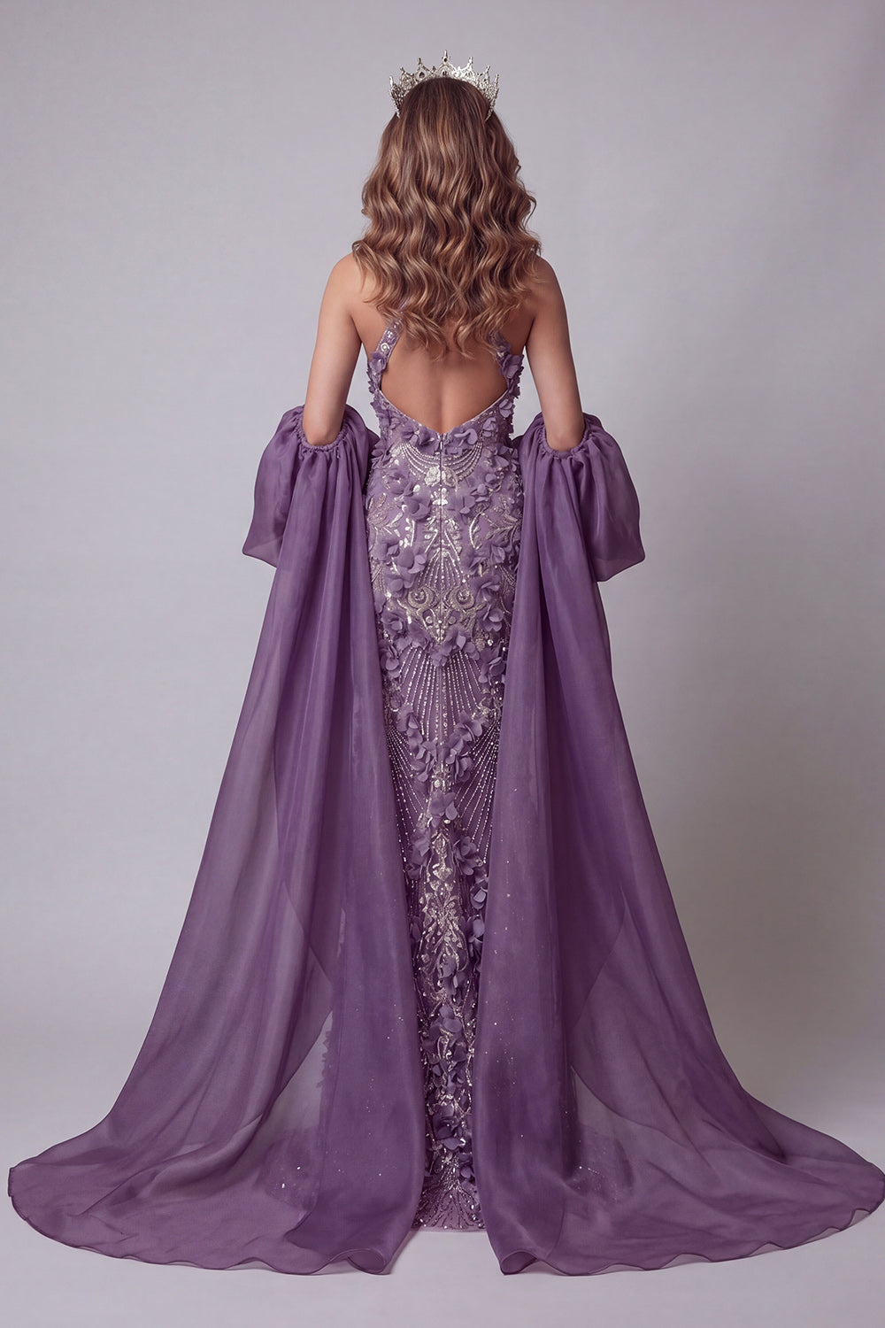 ZAPAKA Women Halter Pageant Dress with Cape Purple Mermaid Cut Out Long Evening Dress with 3D Flowers, Purple / US26W