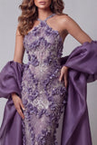 Halter Purple Mermaid Pageant Dress with Cape