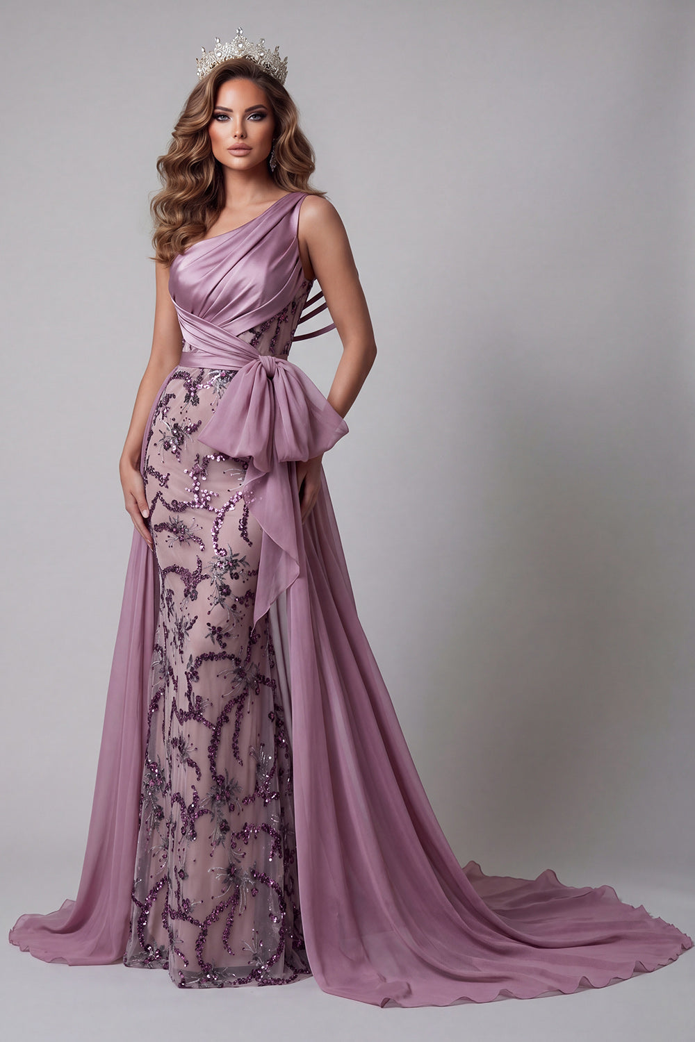 Vintage Mauve One Shoulder Sequin Mermaid Bowed Pageant Dress
