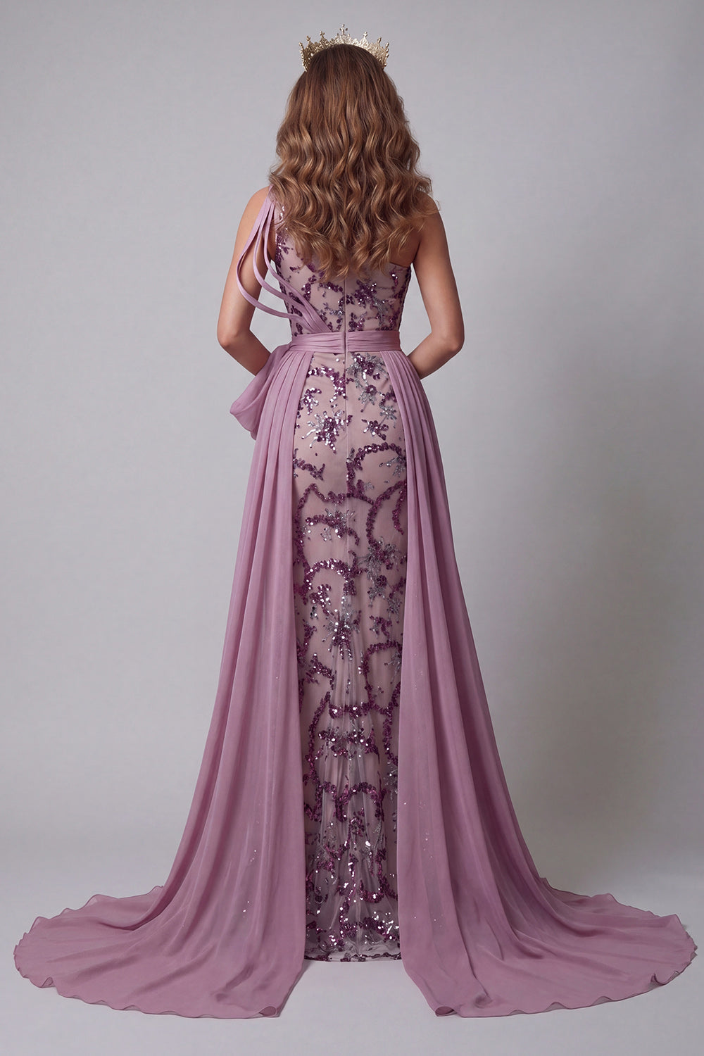Vintage Mauve One Shoulder Sequin Mermaid Bowed Pageant Dress
