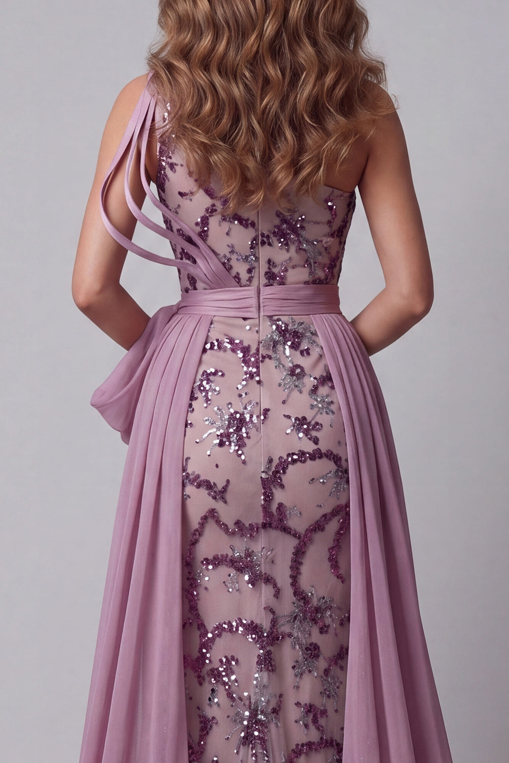 Vintage Mauve One Shoulder Sequin Mermaid Bowed Pageant Dress
