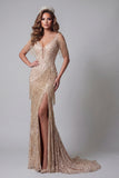 Cold Shoulder Champagne Sequin Mermiad Pageant Dress with Slit