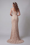 Cold Shoulder Champagne Sequin Mermiad Pageant Dress with Slit