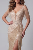 Cold Shoulder Champagne Sequin Mermiad Pageant Dress with Slit