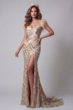 Champagne Mermaid Sequin Pageant Dress with Feathers