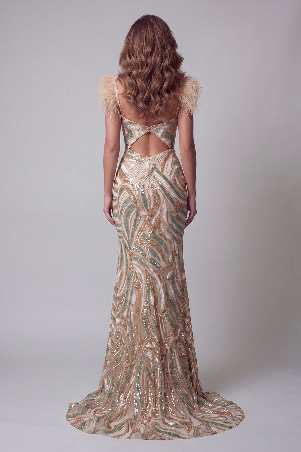ZAPAKA Women Champagne Pageant Dress with Feathers Spaghetti Straps Sequin Mermiad Long Evening Dress with Slit, Champagne / US20W