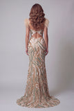 Champagne Mermaid Sequin Pageant Dress with Feathers