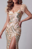 Champagne Mermaid Sequin Pageant Dress with Feathers