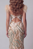 Champagne Mermaid Sequin Pageant Dress with Feathers