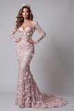 Long Sleeve Blush Mermaid Pageant Dress with 3D Flowers