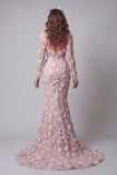 Long Sleeve Blush Mermaid Pageant Dress with 3D Flowers