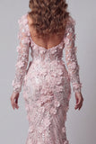 Long Sleeve Blush Mermaid Pageant Dress with 3D Flowers
