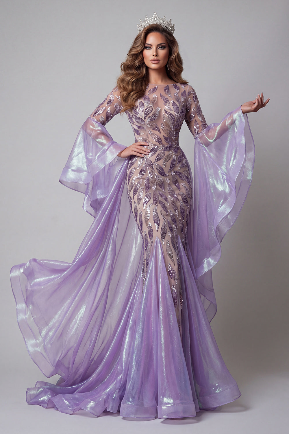beaded pageant dress Beaded Sheer Bodice Mesh Pageant Prom Long Dress GL3114 3X / Dusty Lilac (Lavender)