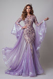 Sparkly Lavender Flare Sleeves Mermaid Long Beaded Pageant Dress