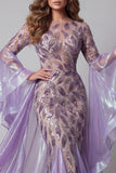 Sparkly Lavender Flare Sleeves Mermaid Long Beaded Pageant Dress