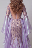 Sparkly Lavender Flare Sleeves Mermaid Long Beaded Pageant Dress