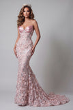Sparkly Blush Corset Mermaid Long Beaded Floral Pageant Dress