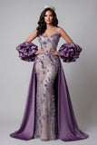 Sparkly Purple Mermaid Spaghetti Straps Long Floral Beaded Pageant Dress