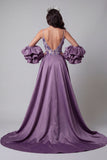 Sparkly Purple Mermaid Spaghetti Straps Long Floral Beaded Pageant Dress