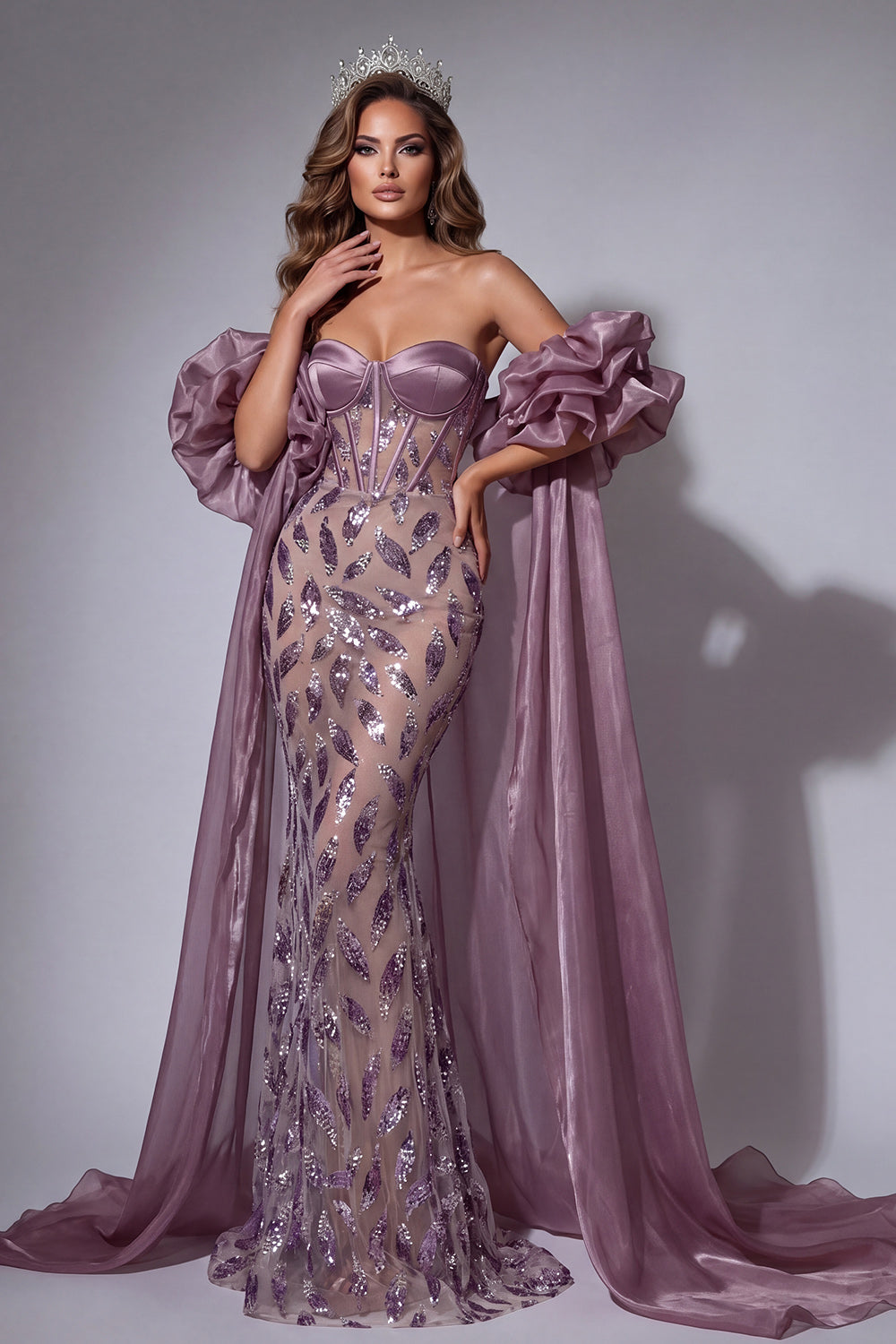 beaded pageant dresses Zapaka Women Sparkly Vintage Mauve Dress with Cape Mermaid Strapless Puff Sleeves Ruffled Corset Long Gala Dress, Vintage Mauve / US10 Crafted from a combination Basque Waist Prom Dresses Size:UK 6/US 2 Dorothy Perkins Women's Velvet