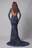 Sparkly Navy Open Back High Neck Mermaid Long Beaded Pageant Dress