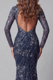 Sparkly Navy Open Back High Neck Mermaid Long Beaded Pageant Dress