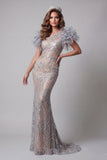 Sparkly Silver Long Mermaid One Shoulder Beaded Pageant Dress with 3D Flowers
