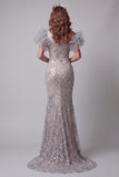 Sparkly Silver Long Mermaid One Shoulder Beaded Pageant Dress with 3D Flowers