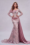 Sparkly Pink Long Sleeves Mermaid Beaded Floral Pageant Dress with Side Cape