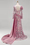 Sparkly Pink Long Sleeves Mermaid Beaded Floral Pageant Dress with Side Cape