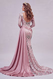 Sparkly Pink Long Sleeves Mermaid Beaded Floral Pageant Dress with Side Cape