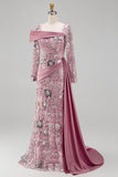 Sparkly Pink Long Sleeves Mermaid Beaded Floral Pageant Dress with Side Cape