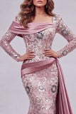 Sparkly Pink Long Sleeves Mermaid Beaded Floral Pageant Dress with Side Cape