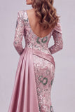 Sparkly Pink Long Sleeves Mermaid Beaded Floral Pageant Dress with Side Cape