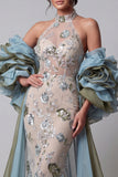 Sparkly Champagne Mermaid Ruffled Beaded Floral Long Pageant Dress with Cape
