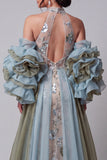 Sparkly Champagne Mermaid Ruffled Beaded Floral Long Pageant Dress with Cape