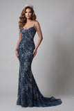 Sparkly Navy Long Mermaid Cold Shoulder Pageant Dress with Beading