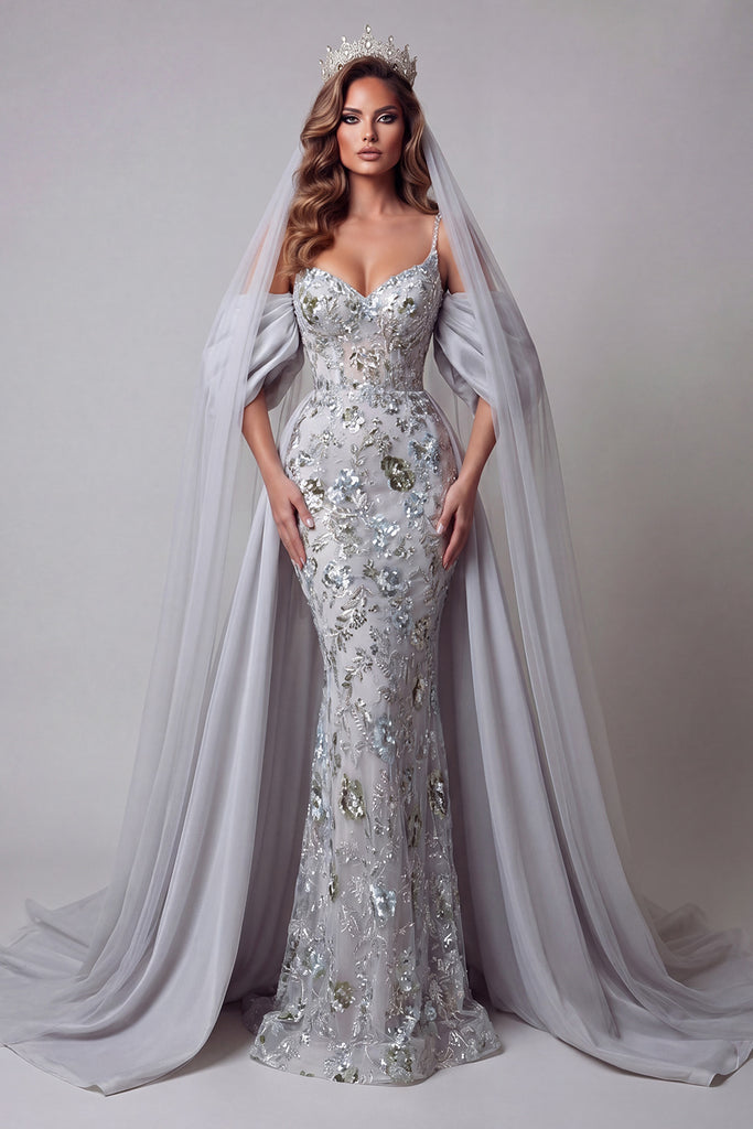 Zapaka Women Sparkly Silver Pageant Dress with Cape Spaghetti Straps ...