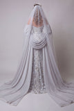Sparkly Silver Beaded Mermaid Floral Long Spaghetti Straps Pageant Dress with Cape