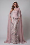 Sparkly Pink Strapless Mermaid Long Beaded Floral Pageant Dress with Cape