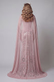 Sparkly Pink Strapless Mermaid Long Beaded Floral Pageant Dress with Cape