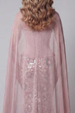 Sparkly Pink Strapless Mermaid Long Beaded Floral Pageant Dress with Cape