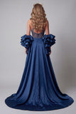 Sparkly Navy Ruffled Mermaid Long Beaded Pageant Dress with Cape
