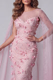Sparkly Pink Mermaid Boat Neck Floral Beaded Long Pageant Dress with Cape