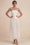 White Spaghetti Straps A Line Pleated Long Midi Dress with Appliques