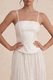 White Spaghetti Straps A Line Pleated Long Midi Dress with Appliques