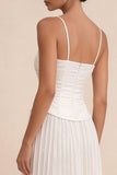 White Spaghetti Straps A Line Pleated Long Midi Dress with Appliques