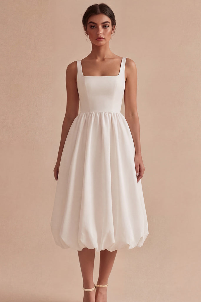 Zapaka Women White Midi Graduation Dress Square Neck A Line Ruched